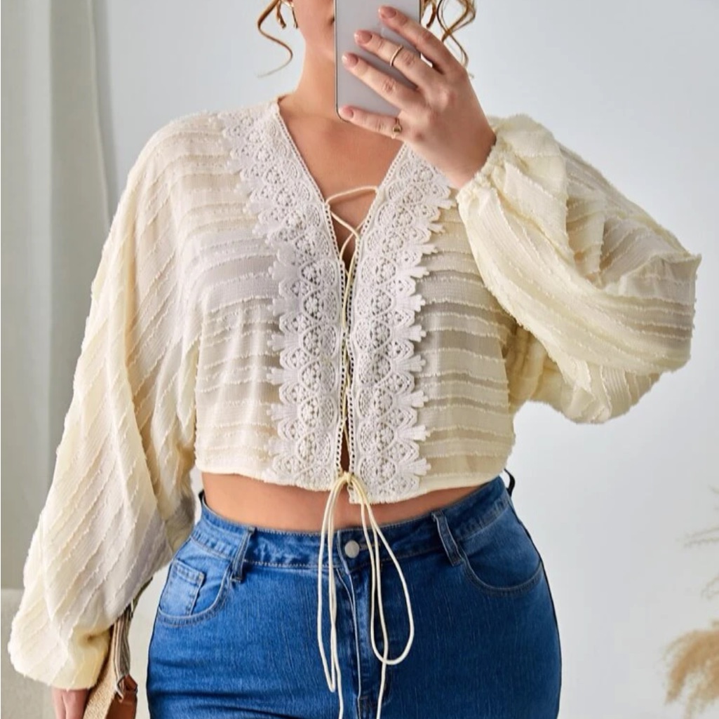 Plus Size Lace Up Front Cropped Top Blouse Shirt